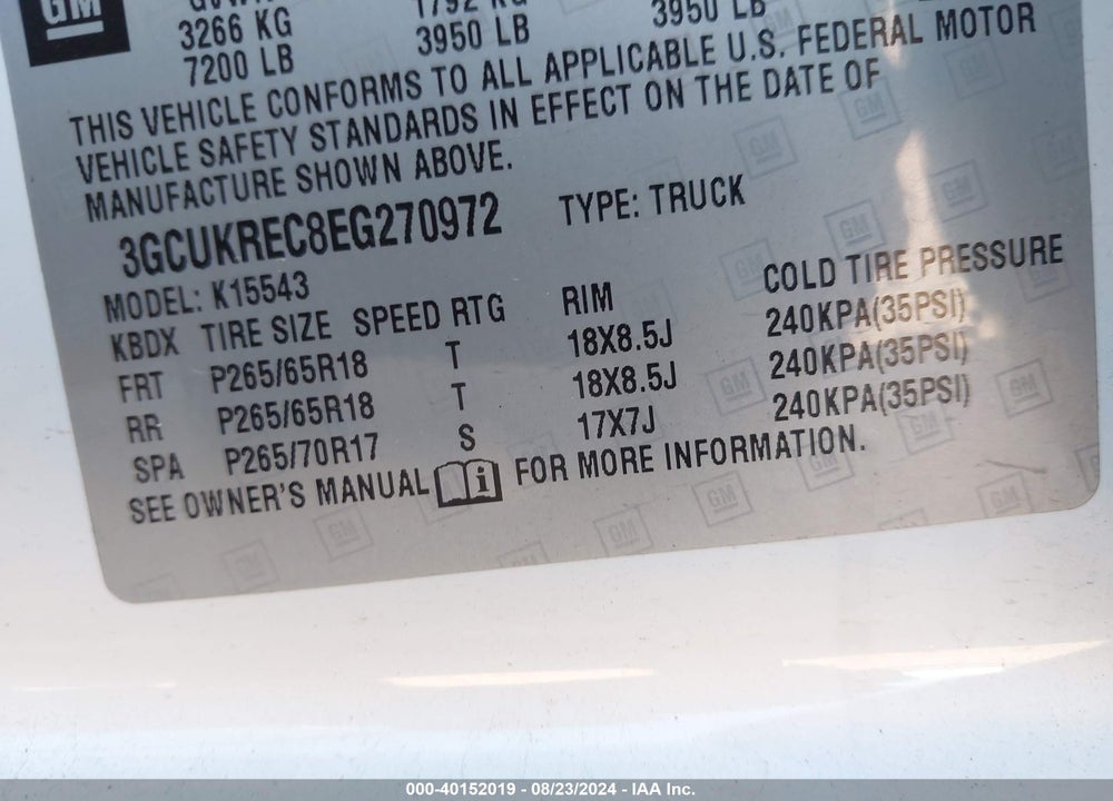 2014 CHEVROLET SILVERADO 1500 2LT VIN: 3GCUKREC8EG270972