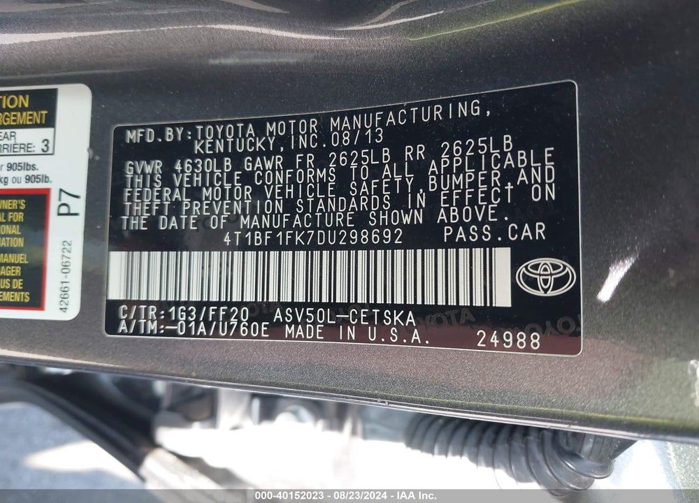 2013 TOYOTA CAMRY SE VIN: 4T1BF1FK7DU298692