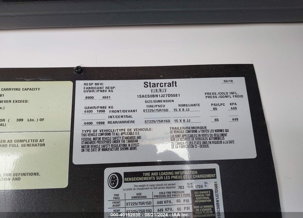 2018 STARCRAFT OTHER VIN: 1SACS0BN1J27D5081