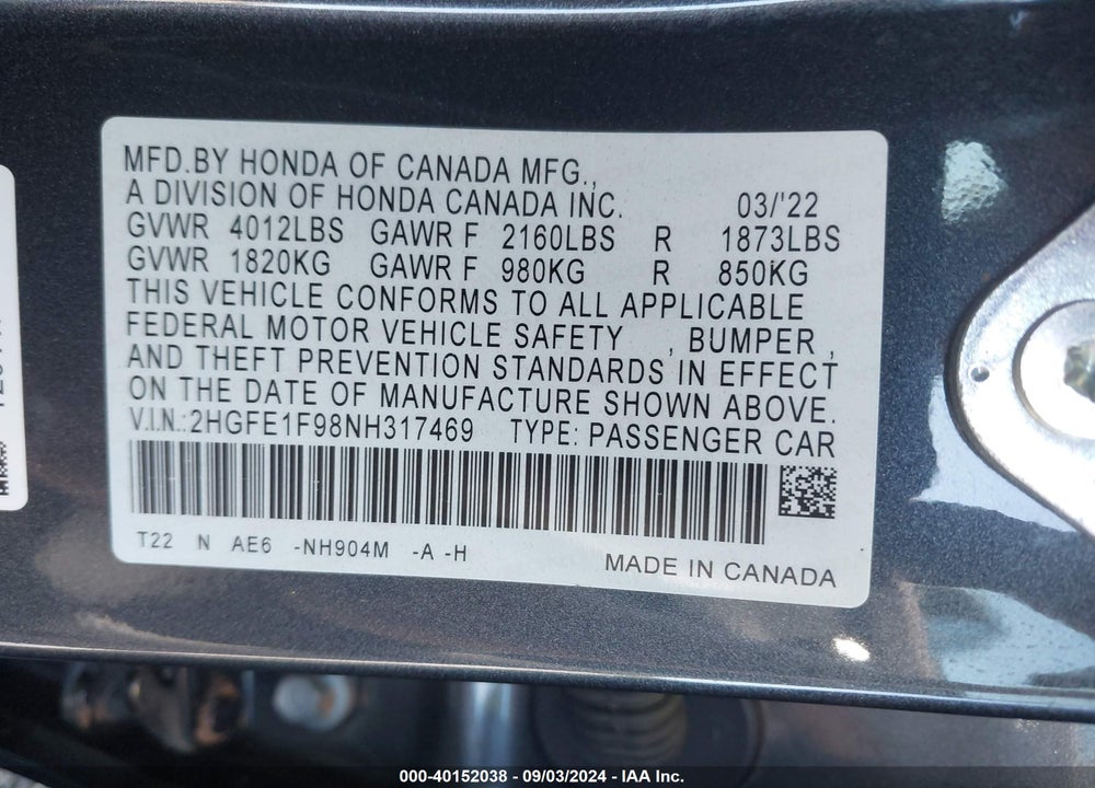 2022 HONDA CIVIC TOURING VIN: 2HGFE1F98NH317469