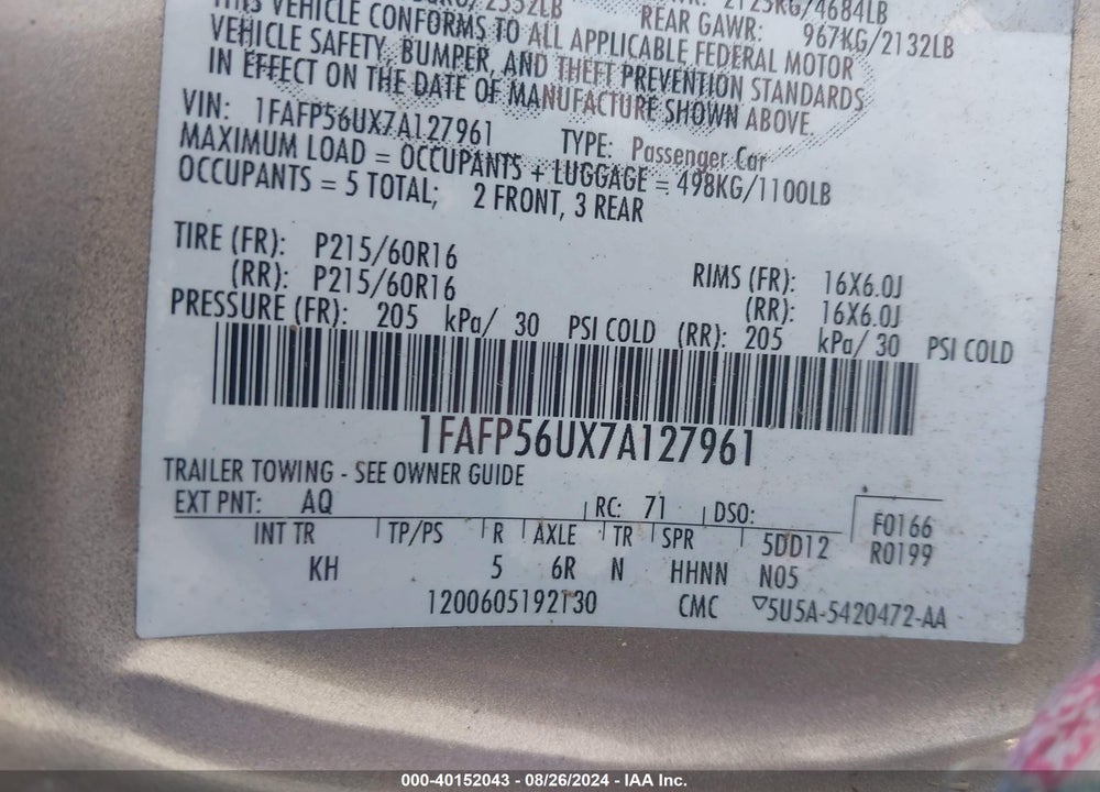 2007 FORD TAURUS SEL VIN: 1FAFP56UX7A127961