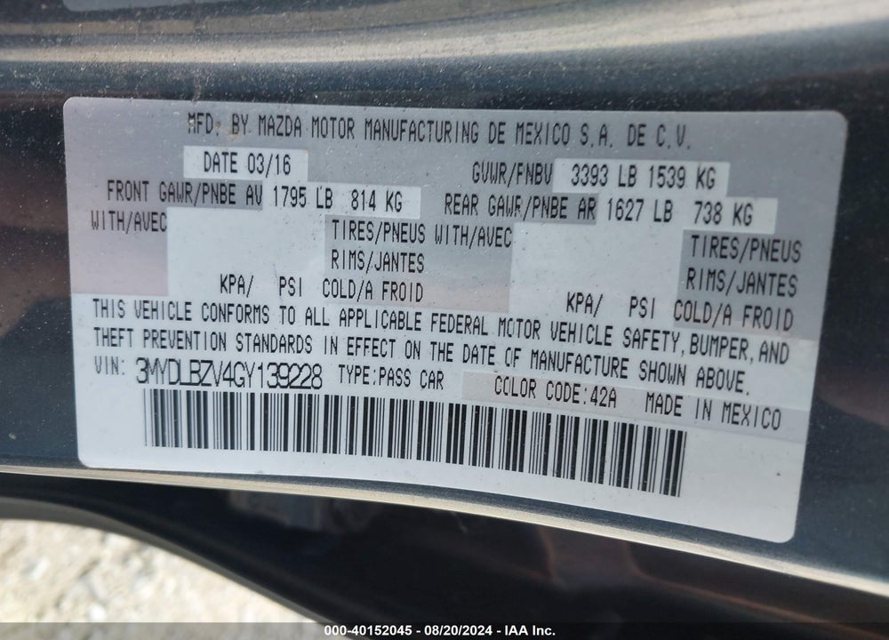 2016 SCION IA VIN: 3MYDLBZV4GY139228