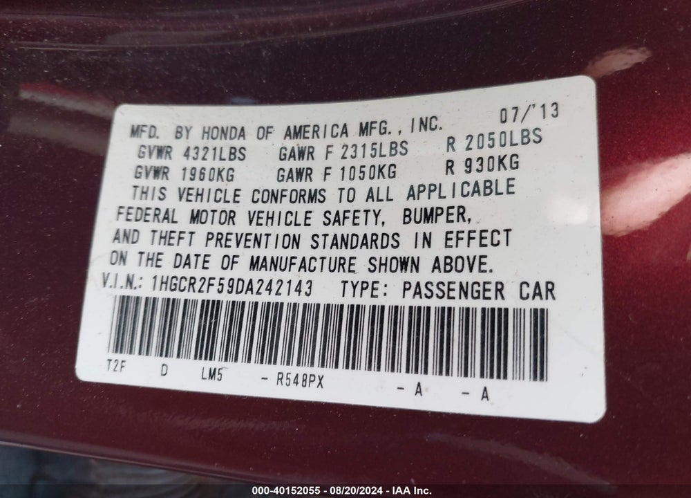 2013 HONDA ACCORD SPORT VIN: 1HGCR2F59DA242143
