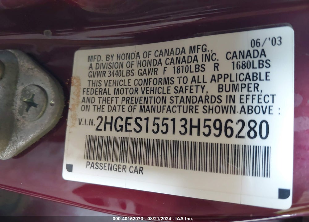2003 HONDA CIVIC LX VIN: 2HGES15513H596280