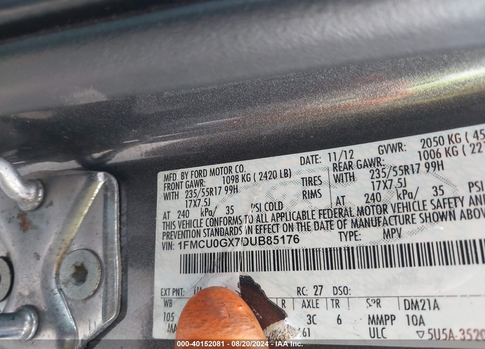 2013 FORD ESCAPE SE VIN: 1FMCU0GX7DUB85176
