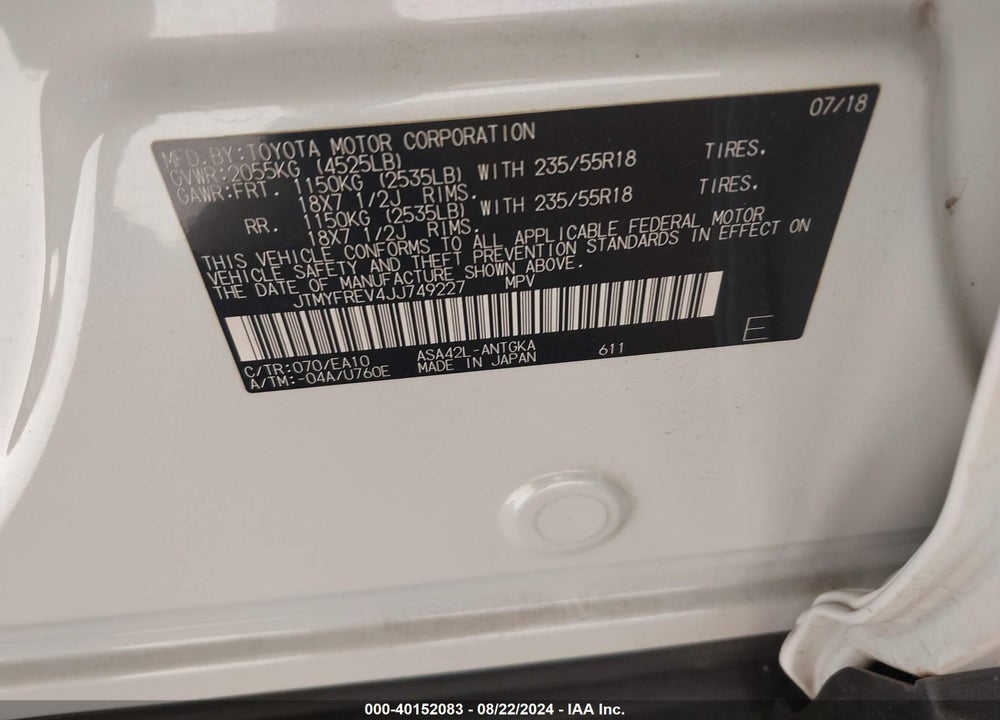 2018 TOYOTA RAV4 LIMITED VIN: JTMYFREV4JJ749227