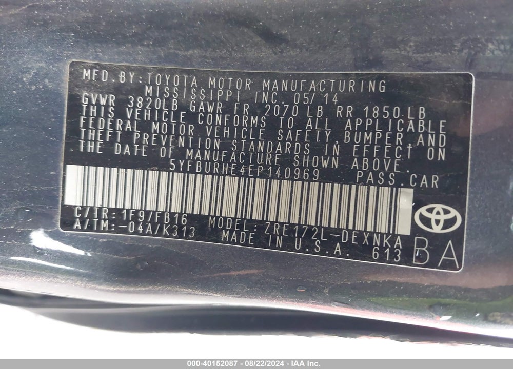 2014 TOYOTA COROLLA LE VIN: 5YFBURHE4EP140969
