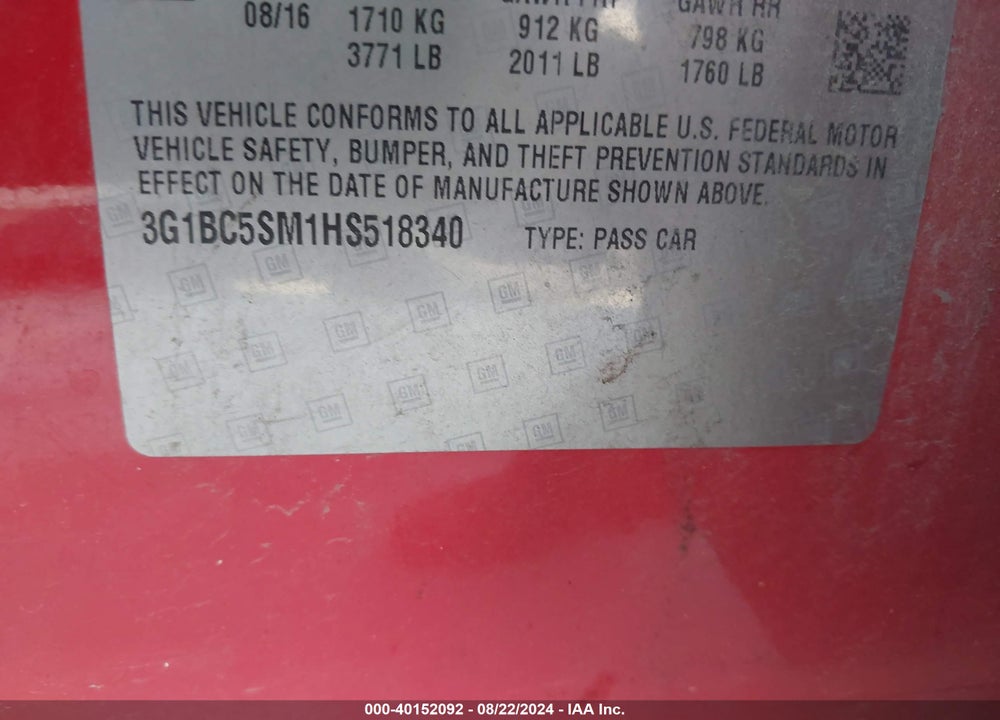 2017 CHEVROLET CRUZE LS AUTO VIN: 3G1BC5SM1HS518340