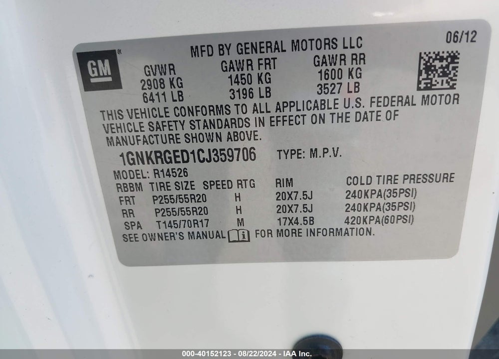2012 CHEVROLET TRAVERSE VIN: 1GNKRGED1CJ359706