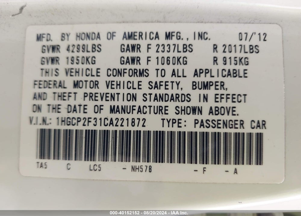 2012 HONDA ACCORD 2.4 LX VIN: 1HGCP2F31CA221872