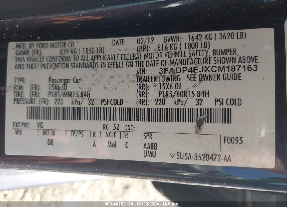 2012 FORD FIESTA SE VIN: 3FADP4EJXCM187163