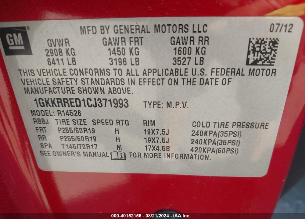 2012 GMC ACADIA SLT-1 VIN: 1GKKRRED1CJ371993