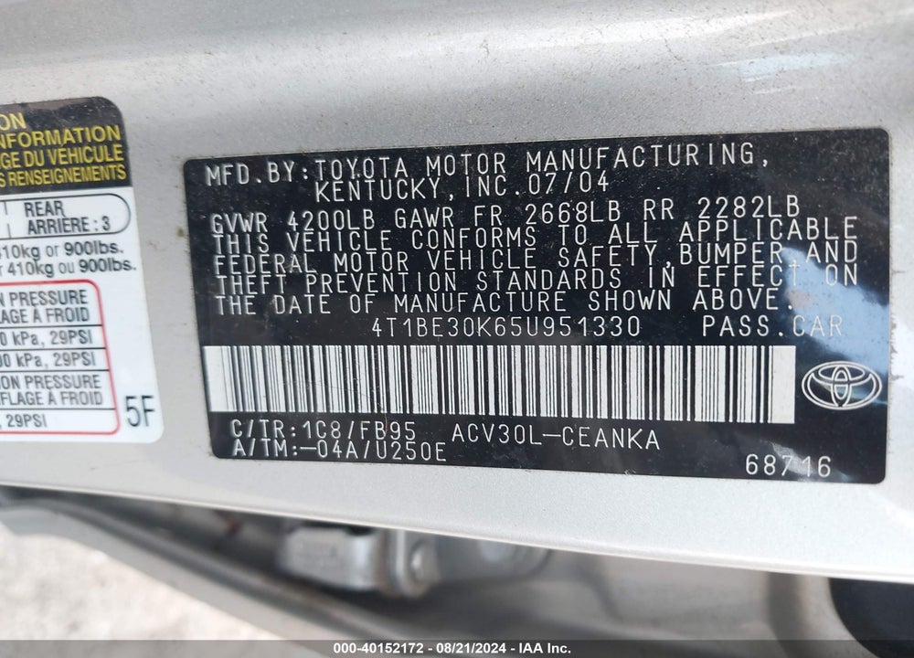 2005 TOYOTA CAMRY LE VIN: 4T1BE30K65U951330