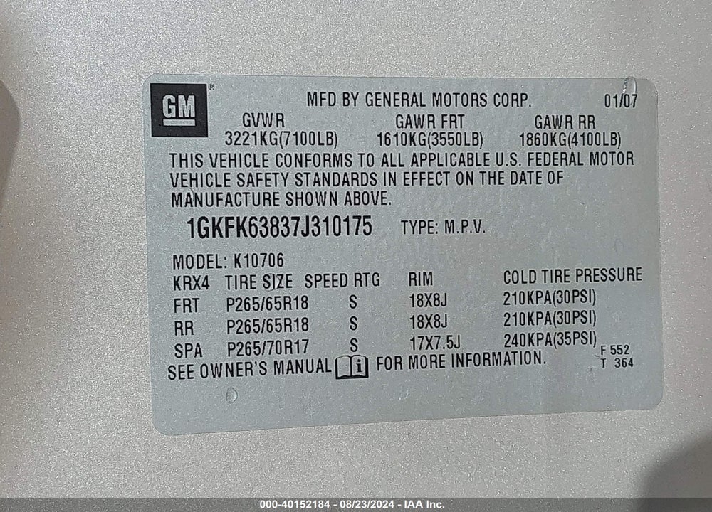2007 GMC YUKON DENALI VIN: 1GKFK63837J310175
