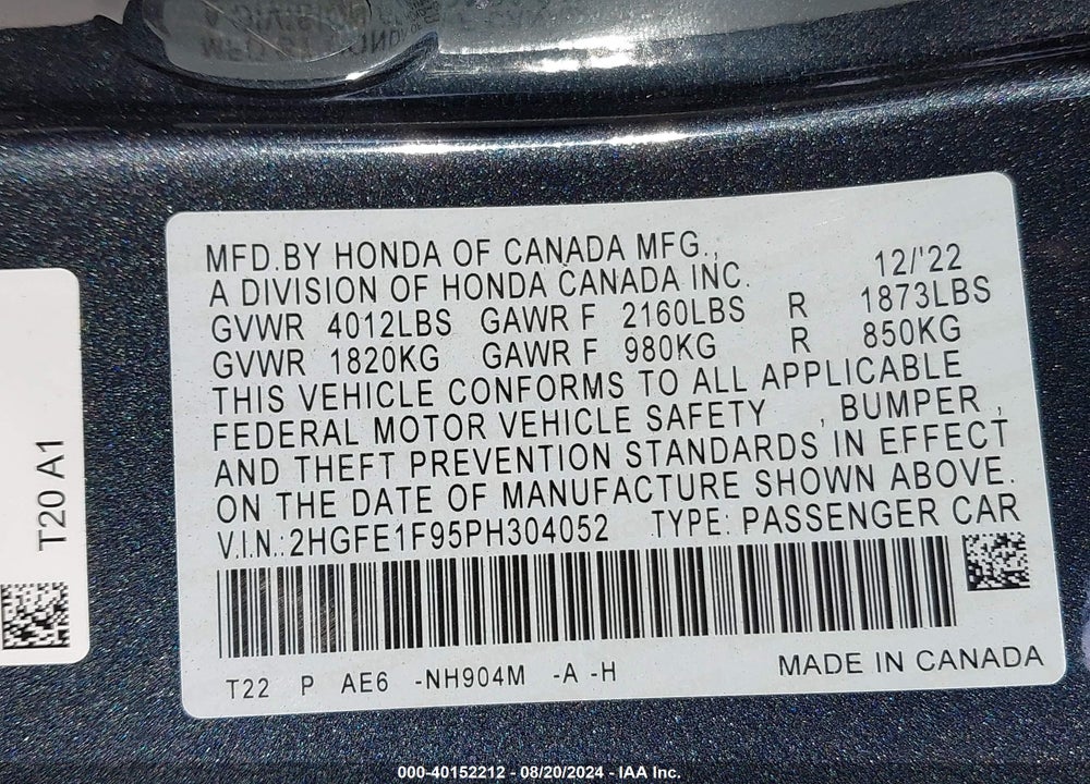 2023 HONDA CIVIC VIN: 2HGFE1F95PH304052