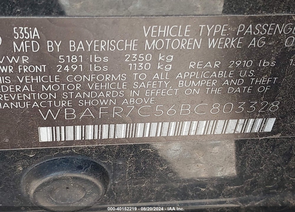 2011 BMW 535I VIN: WBAFR7C56BC803328