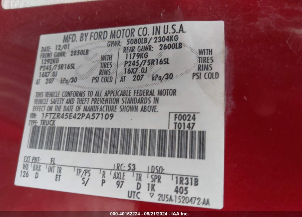 2002 FORD RANGER EDGE/XLT VIN: 1FTZR45E42PA57109
