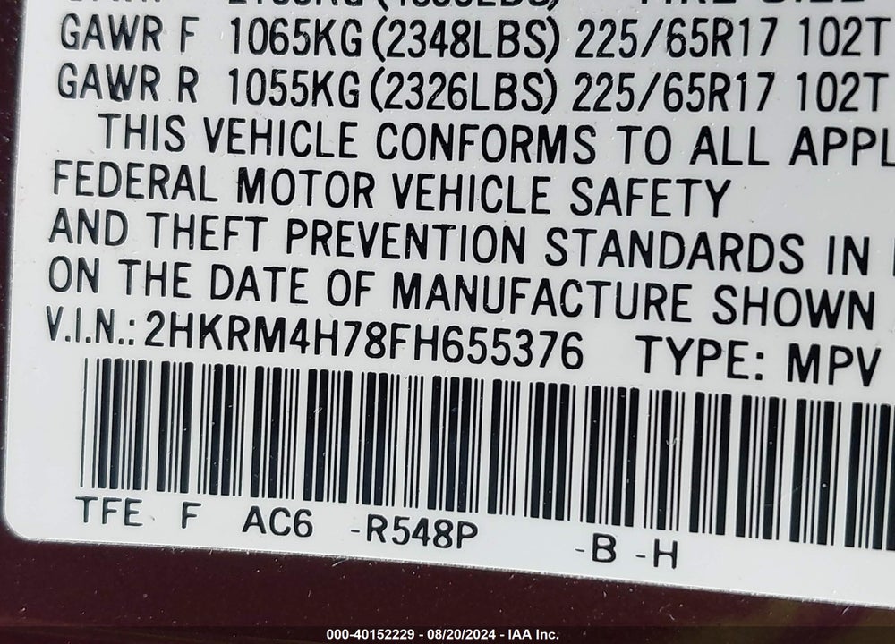 2015 HONDA CR-V VIN: 2HKRM4H78FH655376