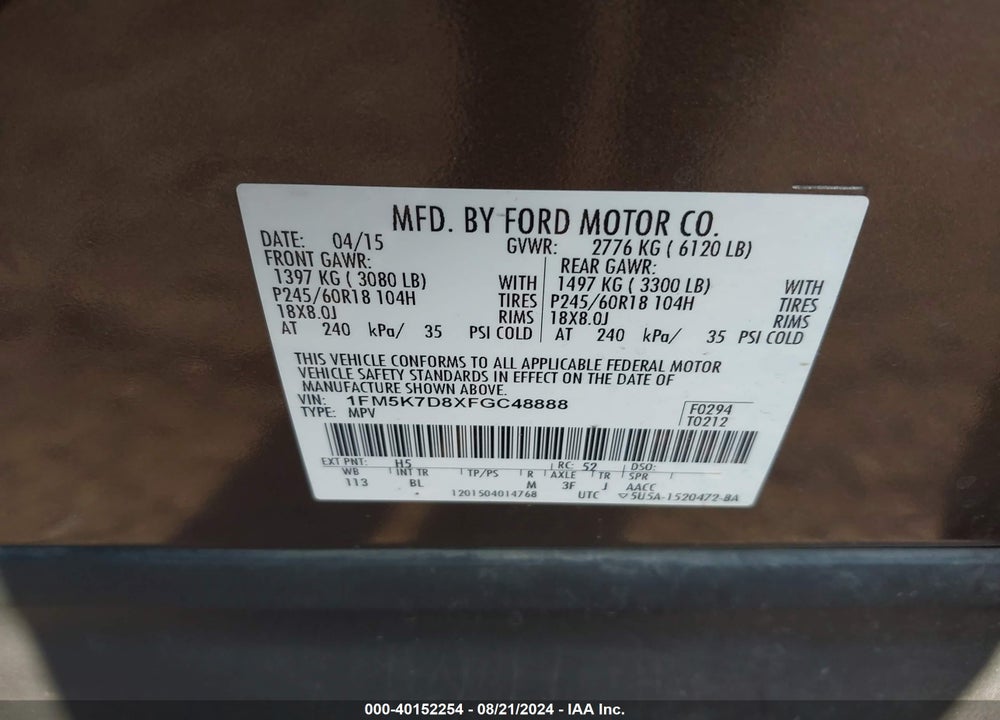 2015 FORD EXPLORER XLT VIN: 1FM5K7D8XFGC48888