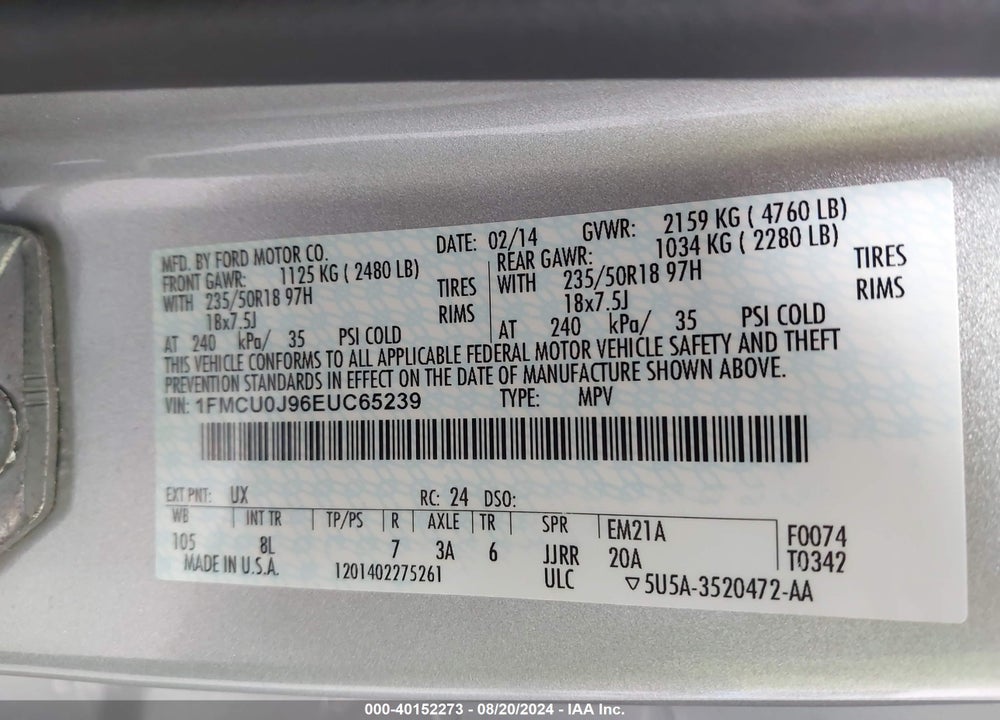 2014 FORD ESCAPE TITANIUM VIN: 1FMCU0J96EUC65239