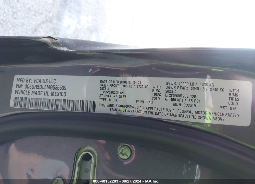 2021 RAM 2500 BIG HORN 4X4 6'4 BOX VIN: 3C6UR5DL8MG585539