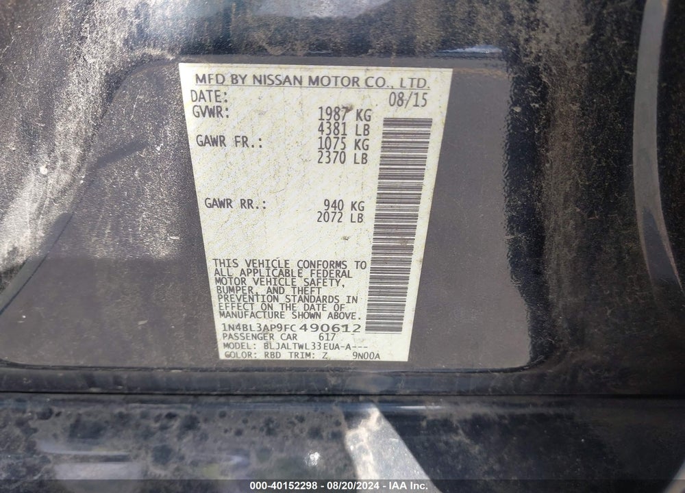 2015 NISSAN ALTIMA 3.5 S/3.5 SL/3.5 SV VIN: 1N4BL3AP9FC490612