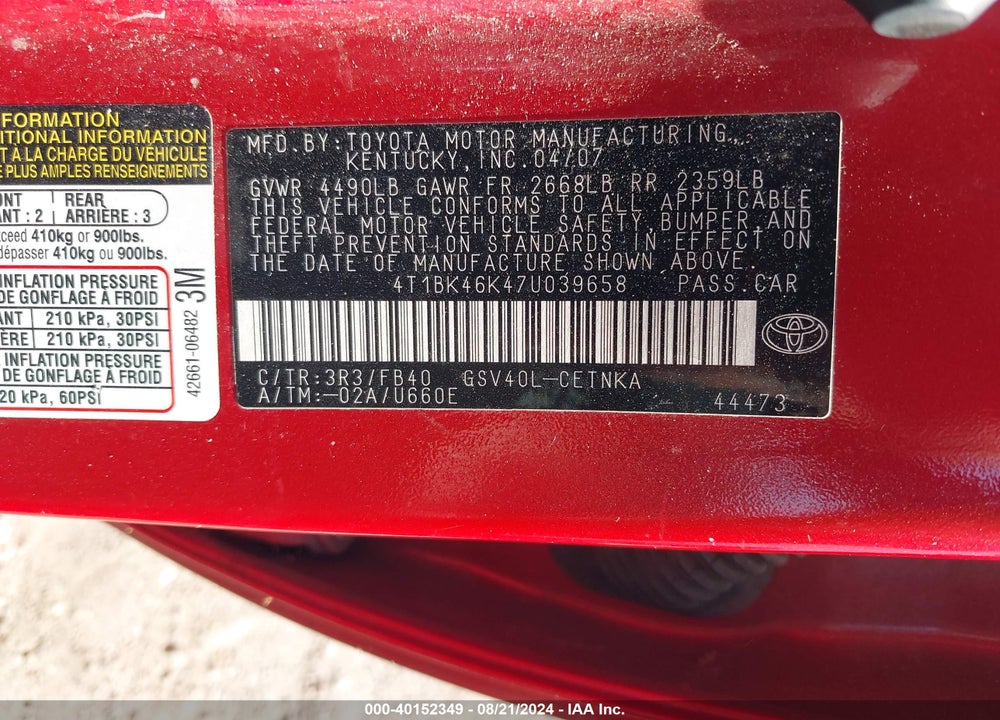 2007 TOYOTA CAMRY LE V6 VIN: 4T1BK46K47U039658