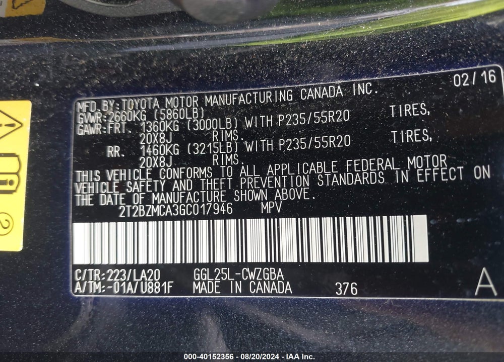 2016 LEXUS RX 350 VIN: 2T2BZMCA3GC017946