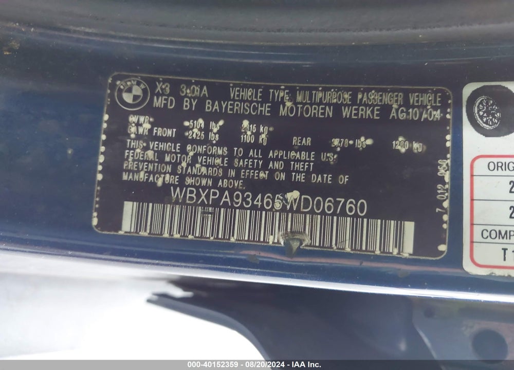 2005 BMW X3 3.0I VIN: WBXPA93465WD06760
