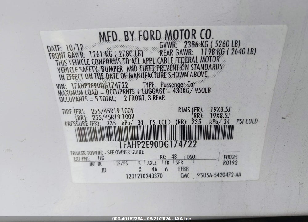 2013 FORD TAURUS SEL VIN: 1FAHP2E90DG174722