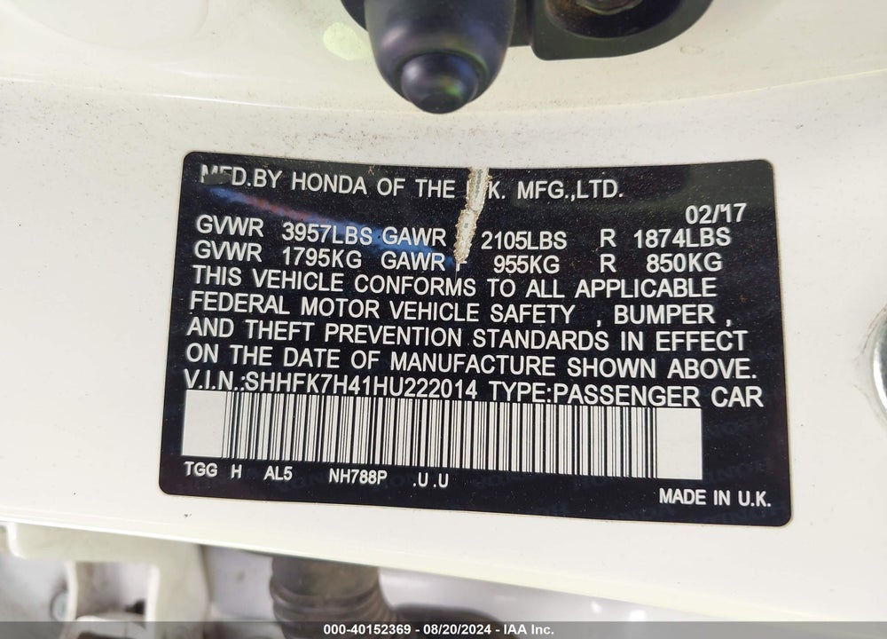 2017 HONDA CIVIC SPORT VIN: SHHFK7H41HU222014