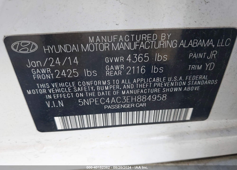 2014 HYUNDAI SONATA LIMITED VIN: 5NPEC4AC3EH884958