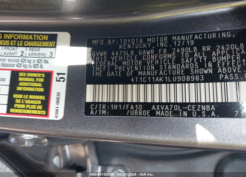 2020 TOYOTA CAMRY LE VIN: 4T1C11AK1LU908983