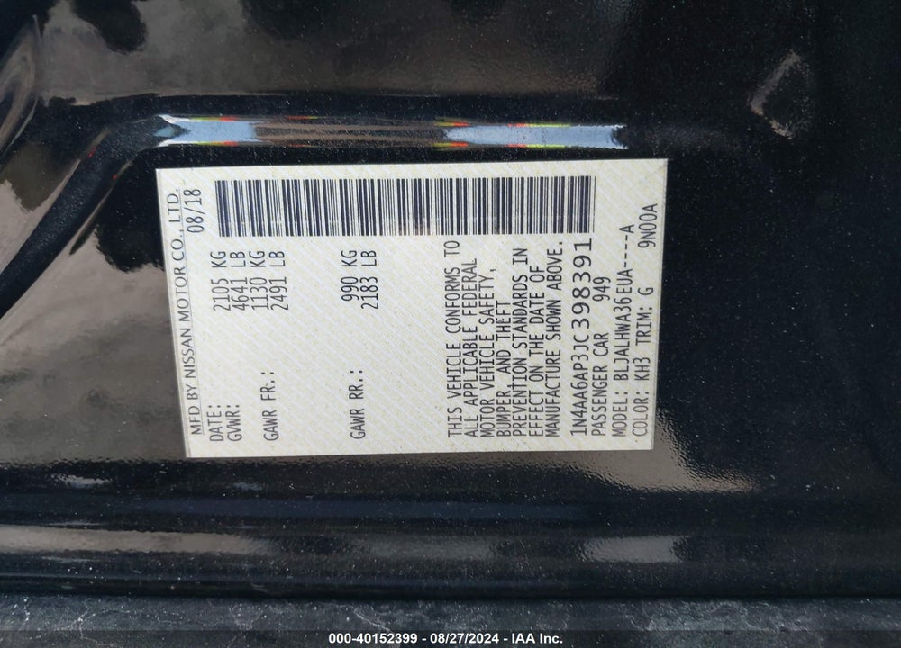 2018 NISSAN MAXIMA 3.5 PLATINUM VIN: 1N4AA6AP3JC398391