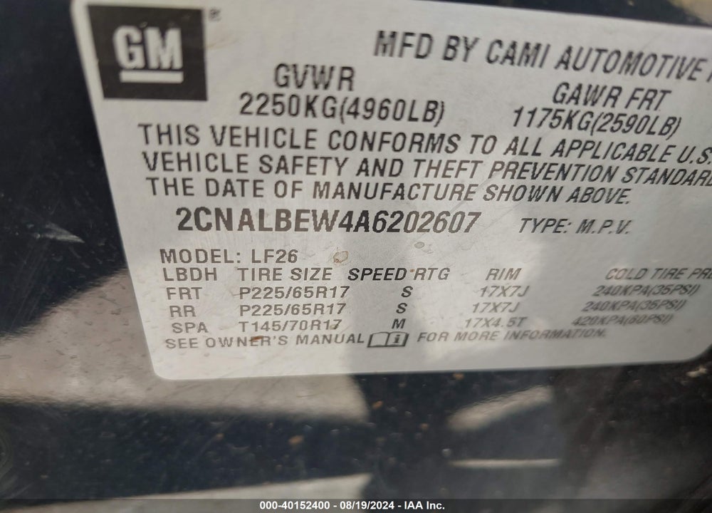 2010 CHEVROLET EQUINOX LS VIN: 2CNALBEW4A6202607