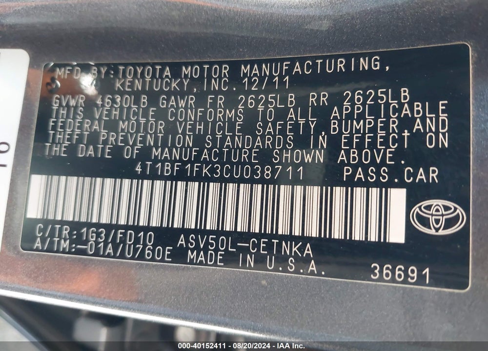 2012 TOYOTA CAMRY LE VIN: 4T1BF1FK3CU038711