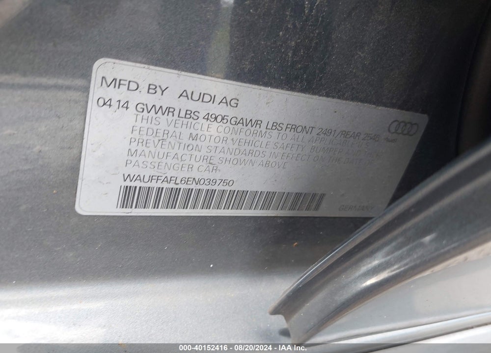 2014 AUDI A4 2.0T PREMIUM VIN: WAUFFAFL6EN039750