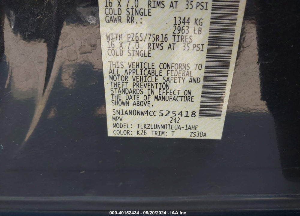 2012 NISSAN XTERRA PRO - 4X VIN: 5N1AN0NW4CC525418
