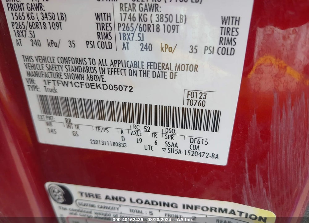2014 FORD F-150 XLT VIN: 1FTFW1CF0EKD05072