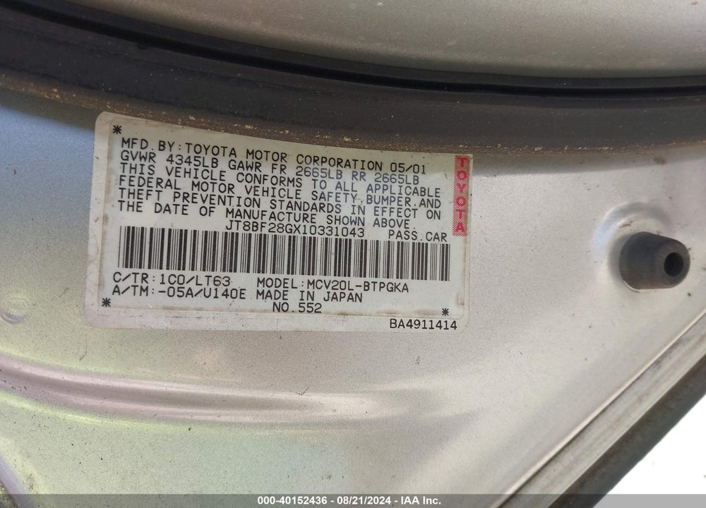 2001 LEXUS ES 300 VIN: JT8BF28GX10331043
