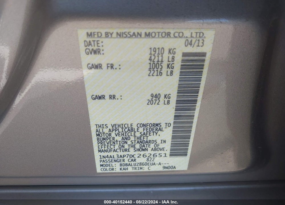 2013 NISSAN ALTIMA 2.5 SV VIN: 1N4AL3AP7DC262651