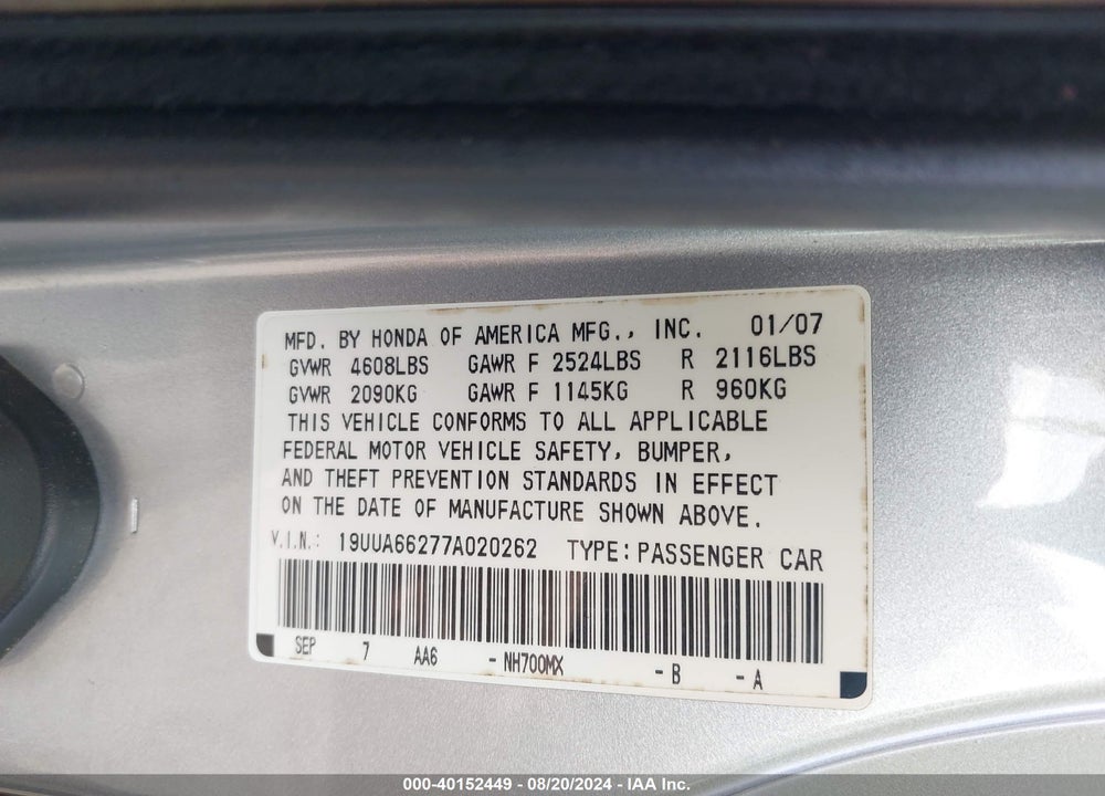 2007 ACURA TL 3.2 VIN: 19UUA66277A020262