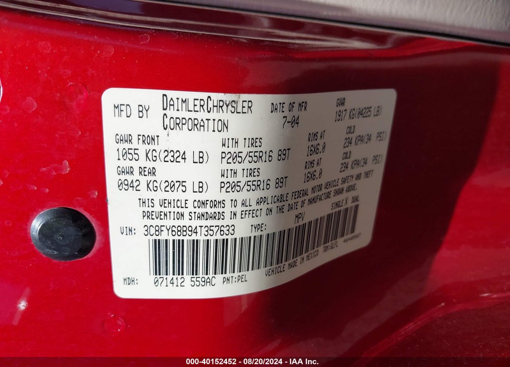 2004 CHRYSLER PT CRUISER LIMITED VIN: 3C8FY68B94T357633