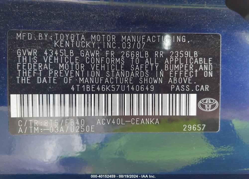2007 TOYOTA CAMRY LE VIN: 4T1BE46K57U140649