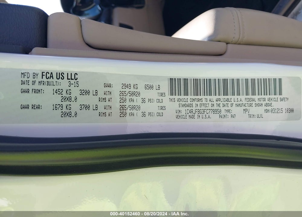 2015 JEEP GRAND CHEROKEE LIMITED VIN: 1C4RJFBG3FC778950