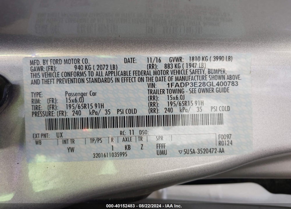 2016 FORD FOCUS S VIN: 1FADP3E28GL400783