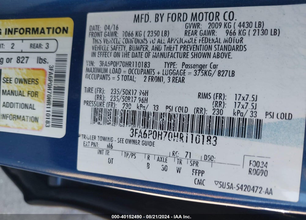 2017 FORD FUSION SE VIN: 3FA6P0H70HR110183