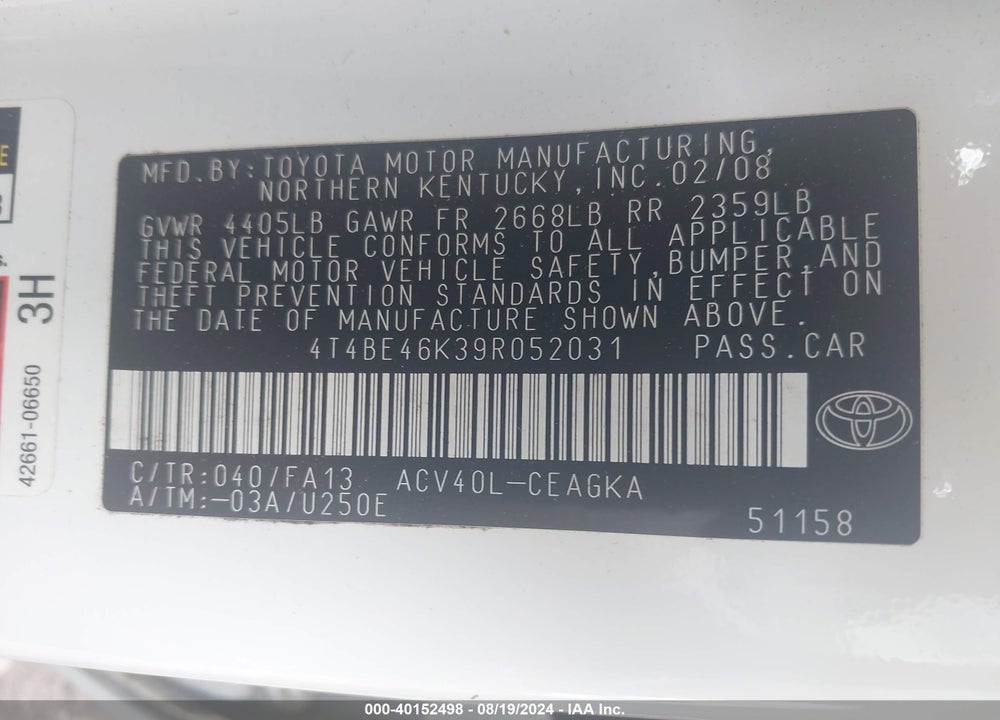 2009 TOYOTA CAMRY XLE VIN: 4T4BE46K39R052031
