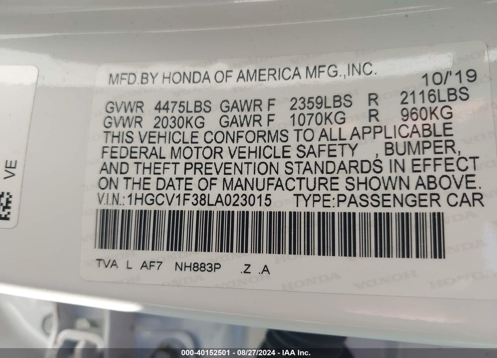 2020 HONDA ACCORD SPORT VIN: 1HGCV1F38LA023015