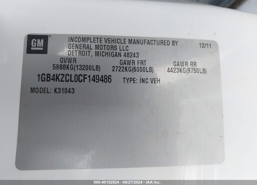 2012 CHEVROLET SILVERADO 3500HD CHASSIS WORK TRUCK VIN: 1GB4KZCL0CF149486